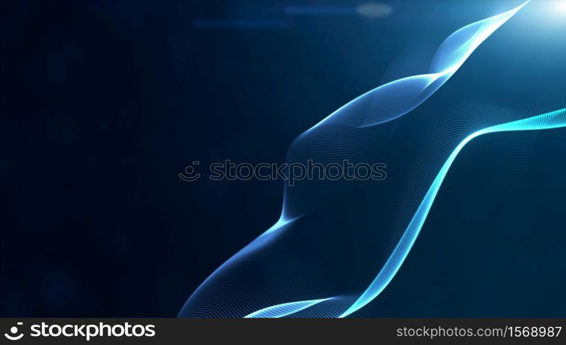 Abstract blue color digital particles wave with bokeh and light background