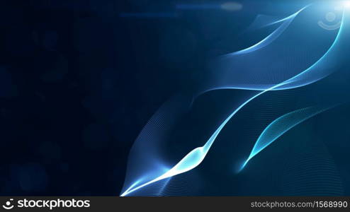 Abstract blue color digital particles wave with bokeh and light background