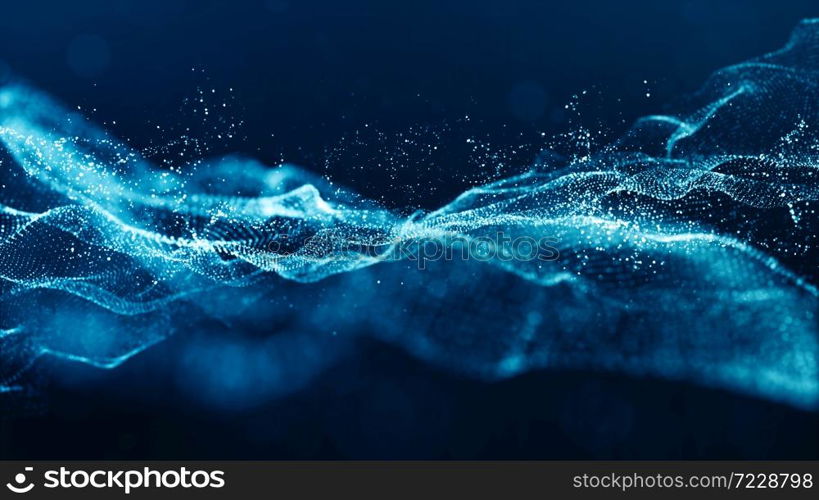 Abstract blue color digital particles wave with bokeh and light background