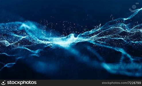 Abstract blue color digital particles wave with bokeh and light background