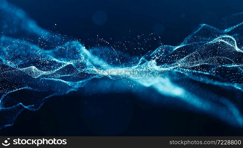 Abstract blue color digital particles wave with bokeh and light background