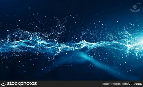 Abstract blue color digital particles wave with bokeh and light background