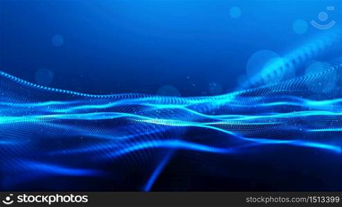 Abstract blue color digital particles wave with bokeh background