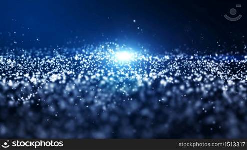 Abstract blue color digital particles wave with dust and light background
