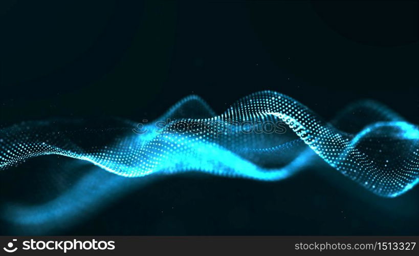 Abstract blue color digital particles wave with dust and light background