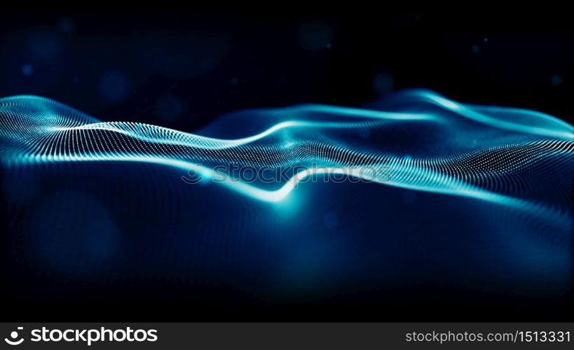 Abstract blue color digital particles wave with dust and light background