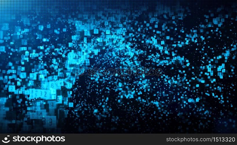 Abstract blue color digital particles wave with dust and numbers background
