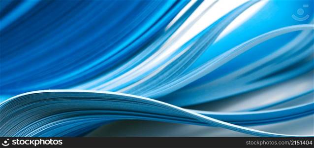 Abstract blue color wave curl strip paper long horizontal background.