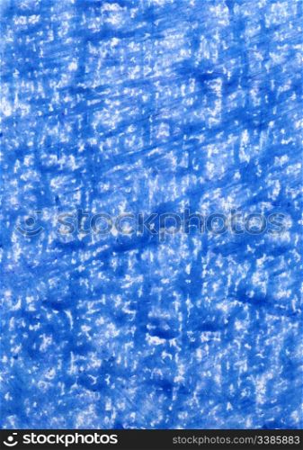 Abstract blue crayon scribble on white paper background.