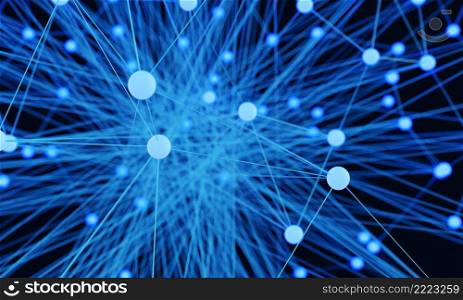Abstract blue light bulb futuristic technology network node. Cable data line transmission links and communication structure concept. Neurons of brain and electron theme element. 3D illustration.