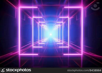 Abstract blue pink neon light background. Glowing neon lines. Geometric tunnel portal neon light. Rectangular laser lines. Night club room interior. Stage laser show. LED technology. Generative AI.