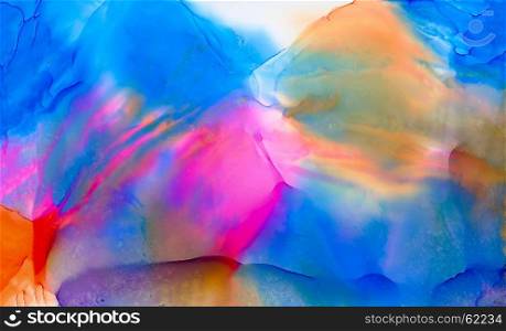 Abstract blue pink orange smooth with texture.Colorful background hand drawn with bright inks and watercolor paints. Color splashes and splatters create uneven artistic modern design.
