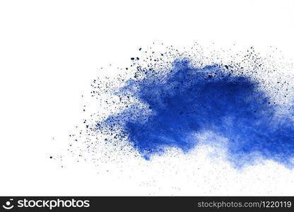 Abstract blue powder explosion. Closeup of blue dust particle splash isolated on white background