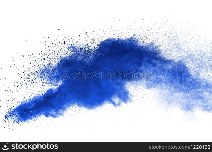 Abstract blue powder explosion. Closeup of blue dust particle splash isolated on white background