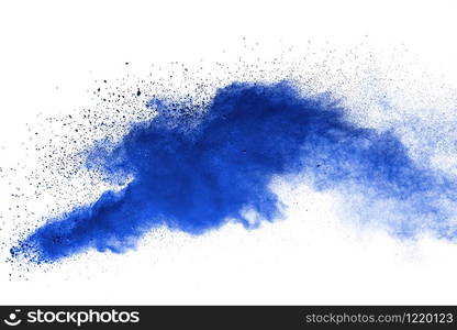 Abstract blue powder explosion. Closeup of blue dust particle splash isolated on white background