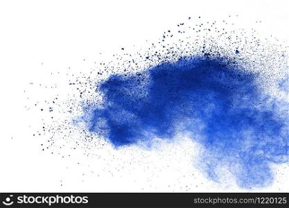 Abstract blue powder explosion. Closeup of blue dust particle splash isolated on white background