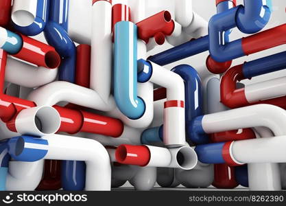 Abstract blue red and white pipes system on white background. Neural network AI generated art. Abstract blue red and white pipes system on white background. Neural network generated art