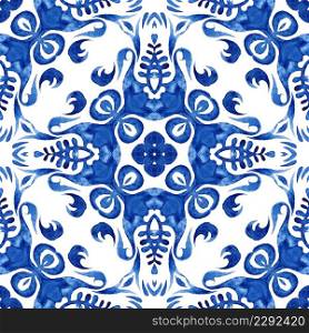 Abstract blue seamless ornamental watercolor arabesque paint tile with floral elements Gorgeous Pattern for fabric and ceramics azulejo tiles. Geometric seamless tiles design surface background blue and white ornament