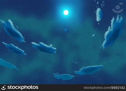 Abstract Blue Starry Night sky with cloud stars nebula and moon Space background 3D rendering