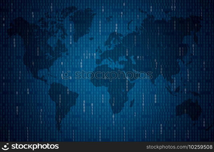 Abstract Blue Technology Background with world map. Binary Computer Code. Programming / Coding / Hacker concept. Background Illustration.. Abstract Blue Technology Background