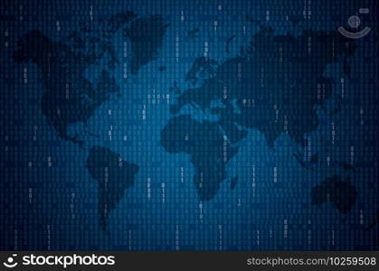 Abstract Blue Technology Background with world map. Binary Computer Code. Programming / Coding / Hacker concept. Background Illustration.. Abstract Blue Technology Background