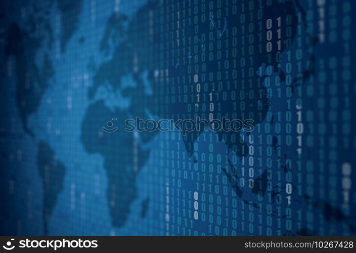Abstract Blue Technology Background with world map. Binary Computer Code. Programming / Coding / Hacker concept. Background Illustration.. Abstract Blue Technology Background