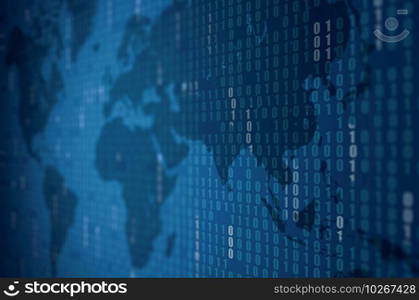 Abstract Blue Technology Background with world map. Binary Computer Code. Programming / Coding / Hacker concept. Background Illustration.. Abstract Blue Technology Background