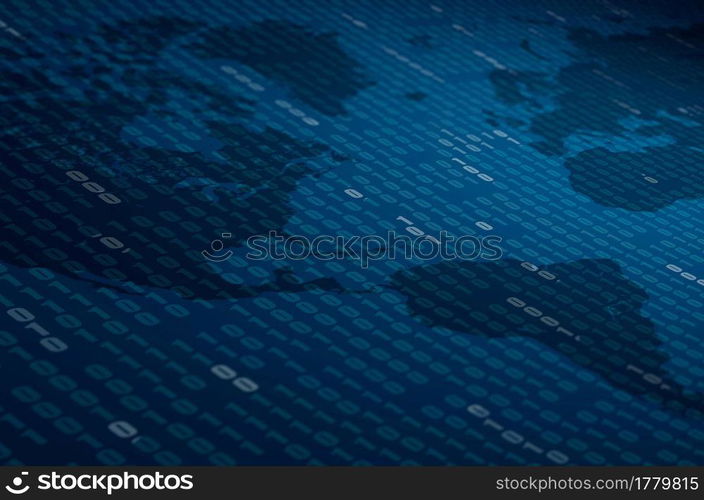Abstract Blue Technology Background with world map. Binary Computer Code. Programming / Coding / Hacker concept. Background Illustration.. Abstract Blue Technology Background