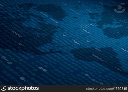 Abstract Blue Technology Background with world map. Binary Computer Code. Programming / Coding / Hacker concept. Background Illustration.. Abstract Blue Technology Background