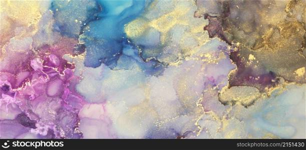 Abstract blue, violet and gold glitter color horizontal long background. Marble texture. Alcohol ink.