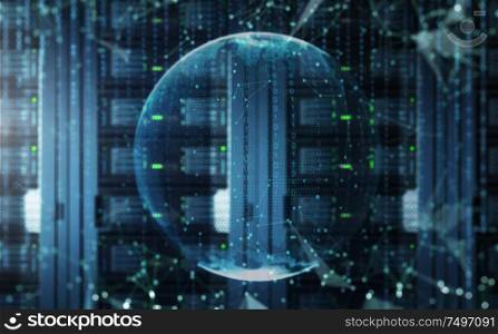 Abstract blur virtual world with server room and sharp binary code ,big data storage network and cloud computing technology concept .