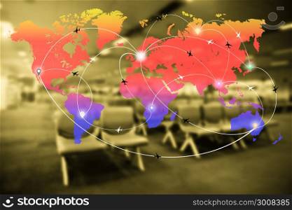 Abstract blurred airport terminal interior with world map of flight routes airplanes network. Global travel,logistics network concept.