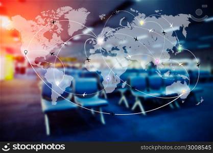 Abstract blurred airport terminal interior with world map of flight routes airplanes network. Global travel,logistics network concept.