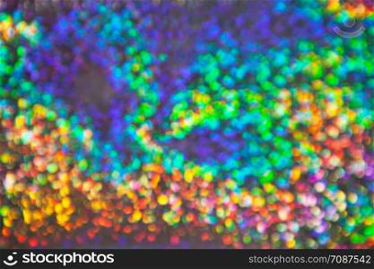 Abstract blurred background with numerous colourful bright festive bokeh. Texture with copy space for text. Horizontal. Celebration, holidays concept.