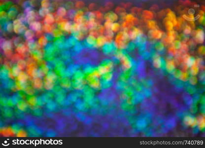 Abstract blurred background with numerous colourful bright festive bokeh. Texture with copy space for text. Celebration, holidays concept. Horizontal.