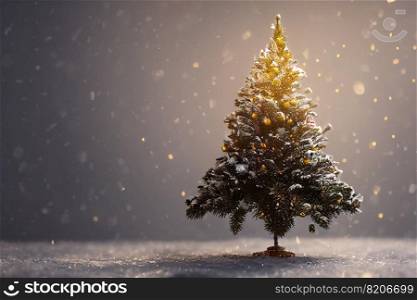 Abstract blurred bokeh background of Christmas tree with snow and copy space, holiday and celebration concept, 3d rendering
