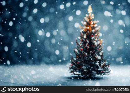 Abstract blurred bokeh background of Christmas tree with snow and copy space, holiday and celebration concept, 3d rendering