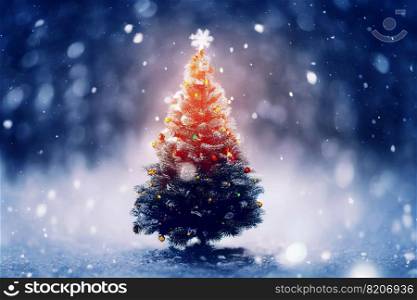 Abstract blurred bokeh background of Christmas tree with snow and©space, holiday and ce≤bration concept, 3d rendering