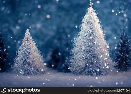 Abstract blurred bokeh background of Christmas tree with snow at night and copy space, holiday and celebration concept, 3d rendering