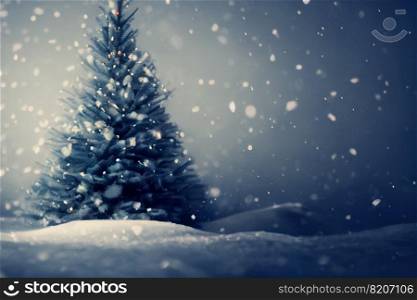 Abstract blurred bokeh background of Christmas tree with snow at night and copy space, holiday and celebration concept, 3d rendering