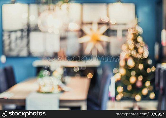 abstract blurred Christmas tree decoration with light at living room in house with bokeh background,winter holiday season celebration festival