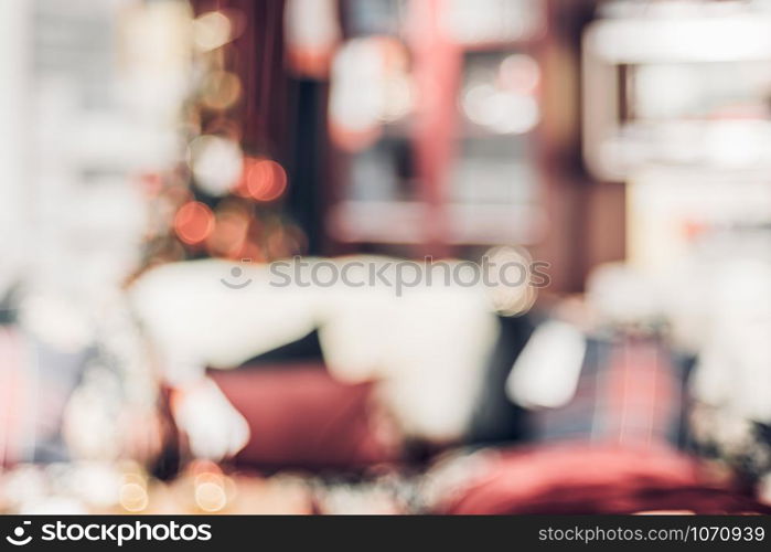 abstract blurred Christmas tree decoration with light at living room in house with bokeh background,winter holiday season celebration festival