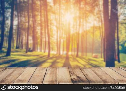 Abstract blurred pine tree and wood table with sunlight vintage