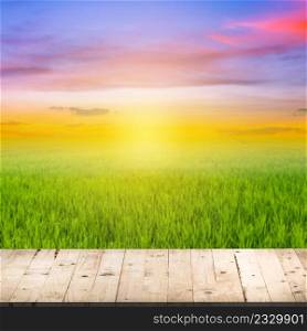 abstract blurred rice field and wood table with sunset