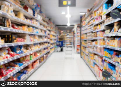 Abstract blurred supermarket aisle with colorful shelves and unrecognizable customers as background