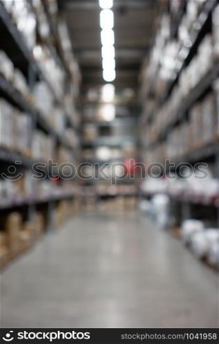 Abstract blurred supermarket view of empty supermarket aisle, defocused blurry background with bokeh light in store. Business concept.
