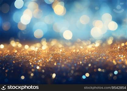 abstract bokeh background is made up of glitter lights in gold and blue. It is a luxurious and elegant background that would be perfect for weddings, parties. Generative AI