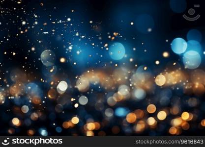 abstract bokeh background is made up of glitter lights in gold and blue. It is a luxurious and elegant background that would be perfect for weddings, parties. Generative AI