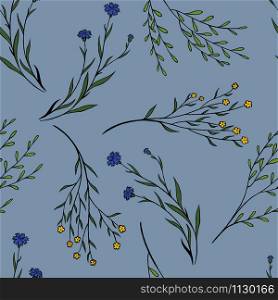 Abstract botanical seamless pattern. Gentle wild flowers on a blue background. Vintage floral wallpaper. Ideal for the design of wrapping paper, cards, scrapbooking, fabric.