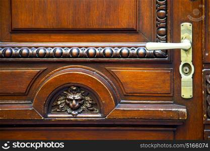 abstract brass brown knocker in a closed wood door lugano Switzerland Swiss